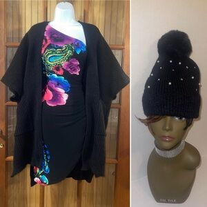 Black Open Ribbed Sweater Cardigan with Pearl Cap